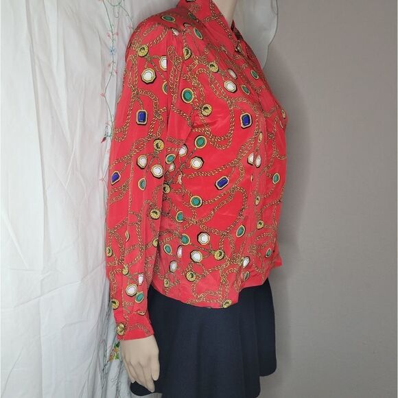 HP🎀Josephine Petites long sleeve red chain pattern button down shirt. - Picture 10 of 12